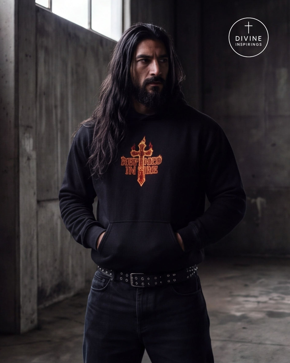A man with long dark hair and a beard stands in a dim industrial room wearing a black hoodie with a red-orange cross graphic and the words 'Refined in Fire' on the chest. A circular 'Divine Inspirings' logo appears in the top right corner.