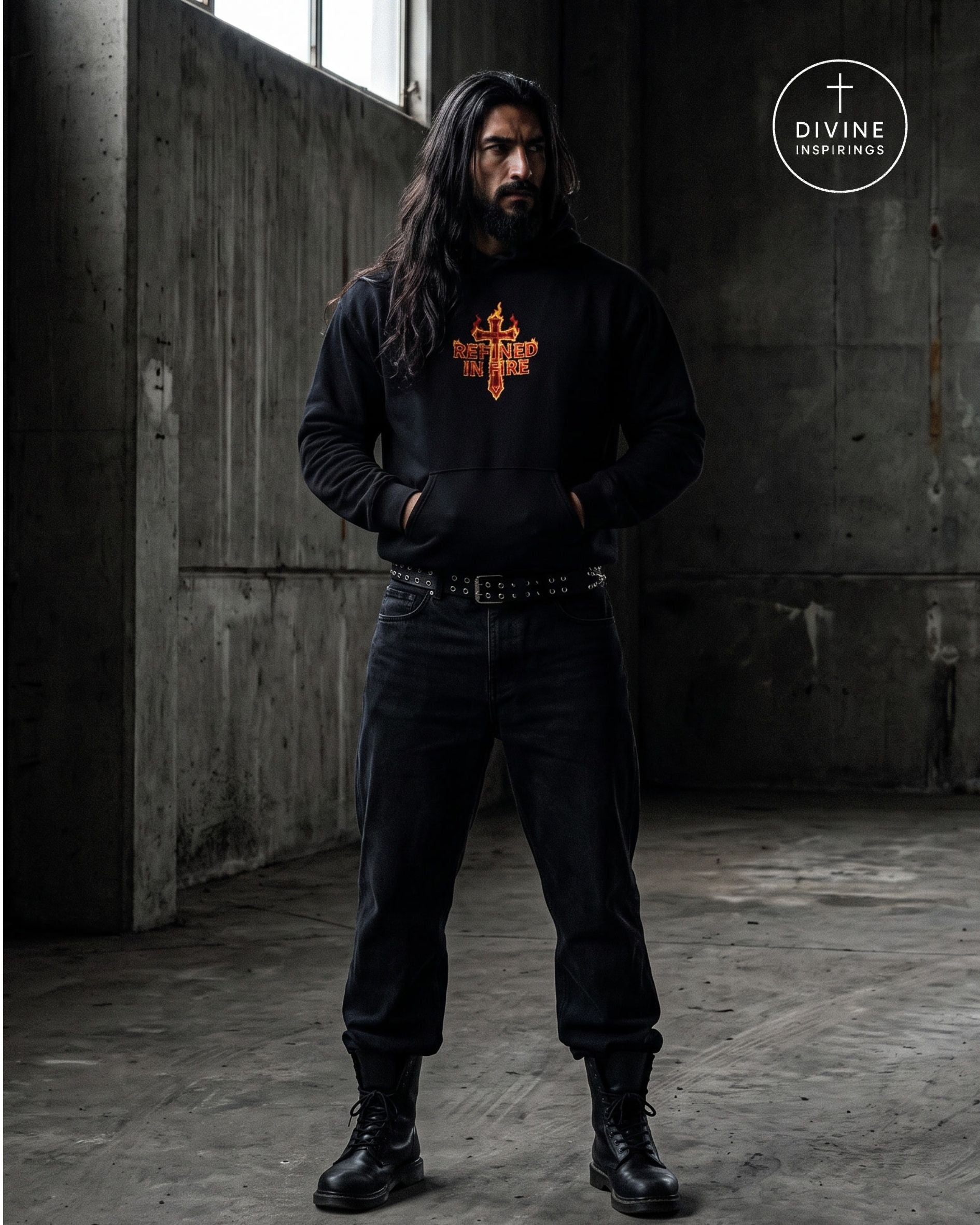 A man with long dark hair and a beard stands in a concrete industrial room wearing a black hoodie with an orange and gold cross graphic that reads 'REFINED IN FIRE'. He is also wearing black jeans, a studded belt, and black boots.