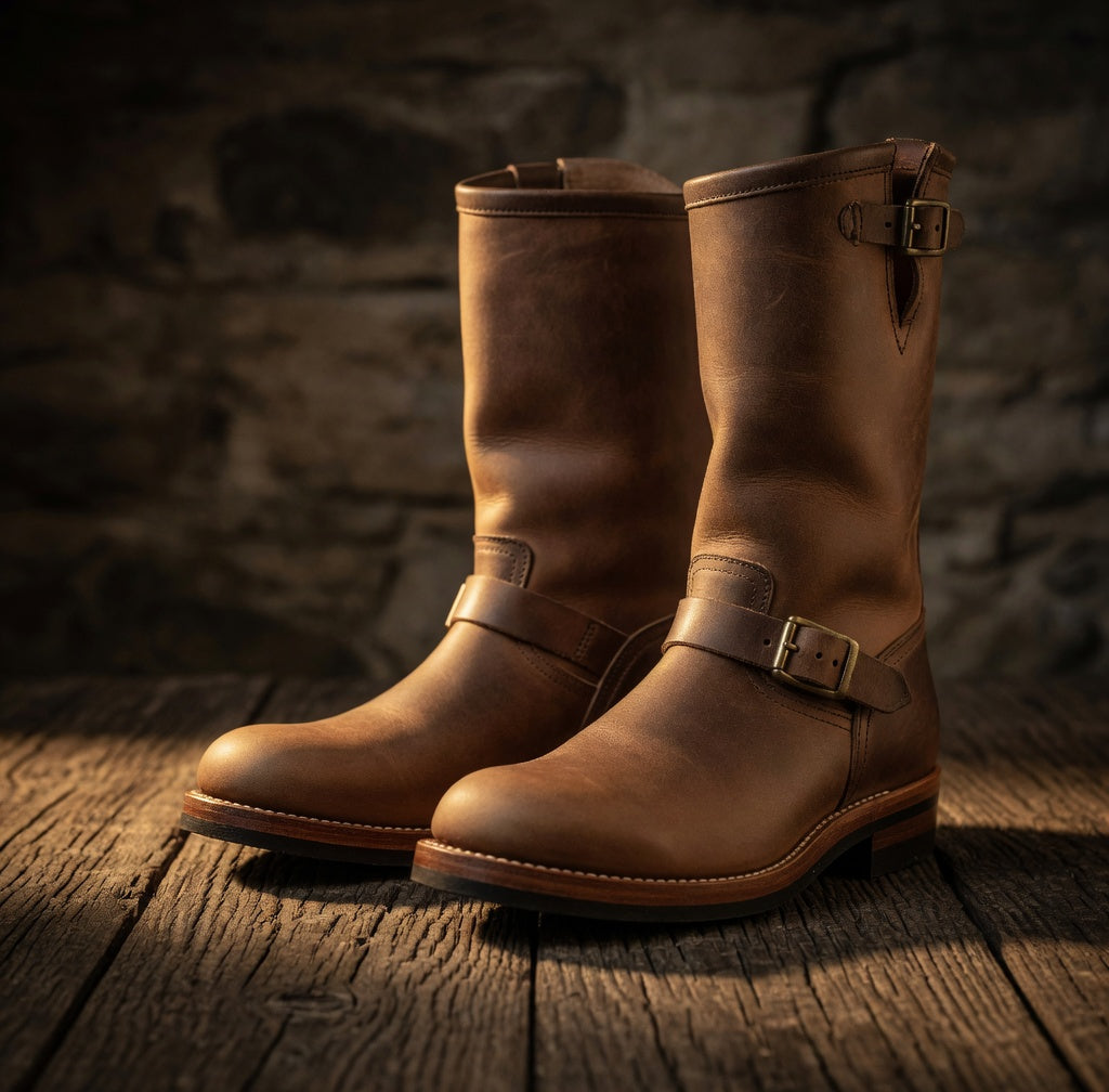 Pair of brown leather boots with buckles on a wooden surface and dark stone wall background