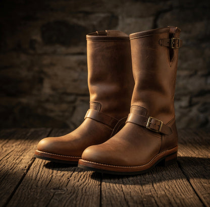 Pair of brown leather boots with buckles on a wooden surface and dark stone wall background