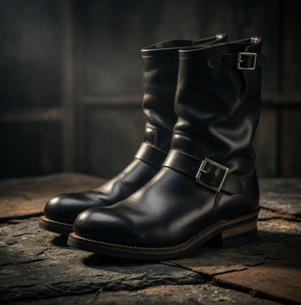 Pair of black leather boots with buckles on a dark stone surface