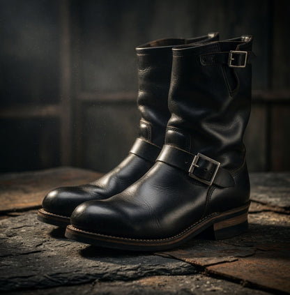 Pair of black leather boots with buckles on a dark stone surface