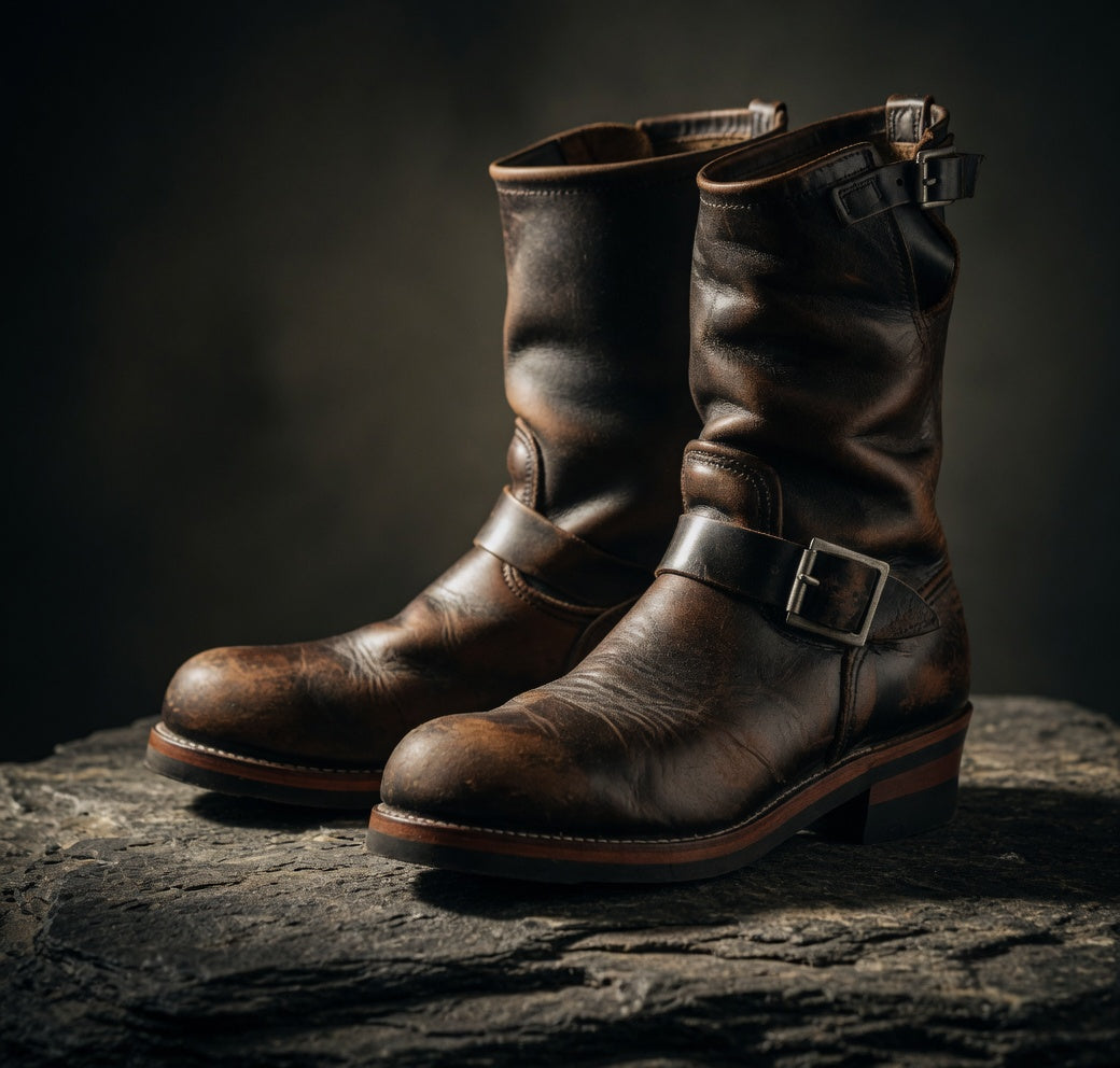 Pair of brown leather boots with buckles on a dark background
