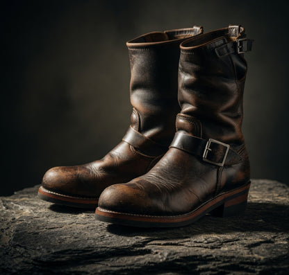 Pair of brown leather boots with buckles on a dark background