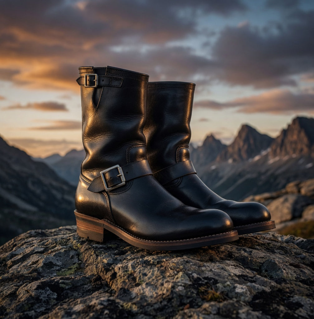 Black leather boots with buckles on a rocky outcrop against a mountainous landscape during sunset.