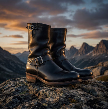 Black leather boots with buckles on a rocky outcrop against a mountainous landscape during sunset.