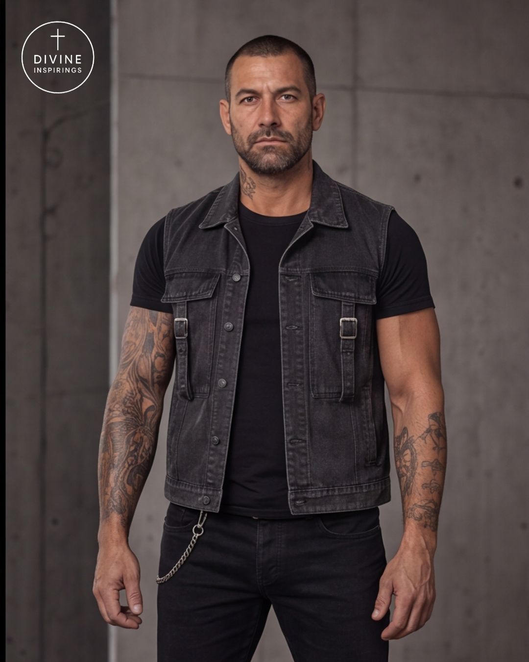 A man wearing a black denim vest over a black t-shirt and black pants, standing against a gray concrete wall. The DIVINE INSPIRINGS logo is visible in the top left corner.