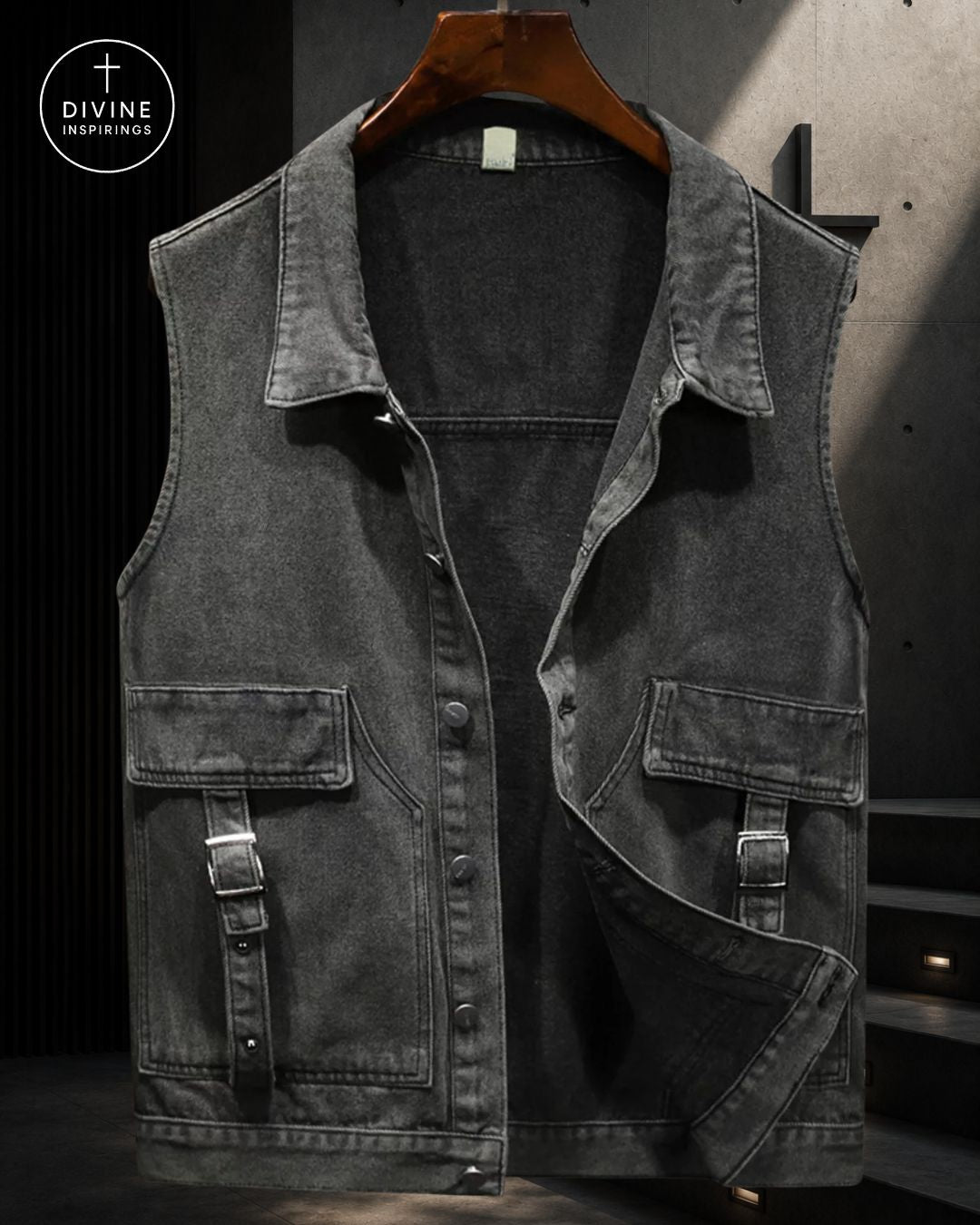 A dark gray denim utility vest with a pointed collar, button front, and two large flap pockets with buckle straps, hanging on a wooden hanger against a dark textured studio background. A circular 'DIVINE INSPIRATION' logo is visible in the top-left corner.