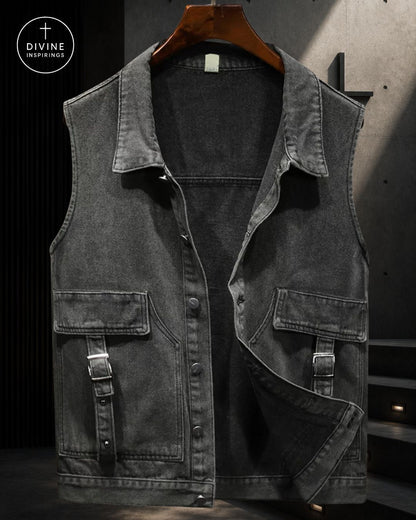A dark gray denim utility vest with a pointed collar, button front, and two large flap pockets with buckle straps, hanging on a wooden hanger against a dark textured studio background. A circular 'DIVINE INSPIRATION' logo is visible in the top-left corner.