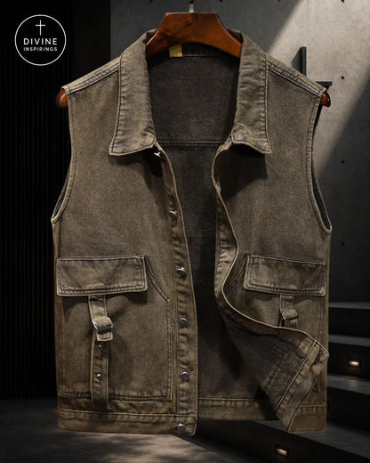 A distressed brown denim vest with a pointed collar, button front, and multiple utility pockets, hanging on a wooden hanger against a dark textured studio background. A circular 'DIVINE INSPIRINGS' logo is visible in the top-left corner.