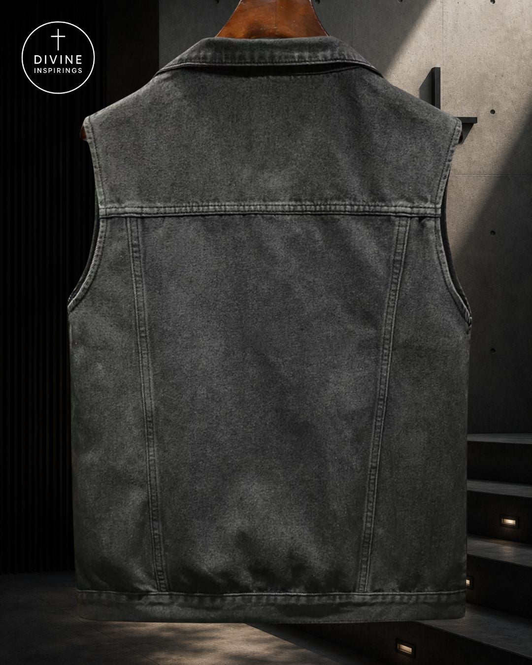 A dark gray washed denim vest displayed on a wooden hanger against a dark gray concrete wall background. The back of the vest is shown, featuring classic stitching and a collar.
