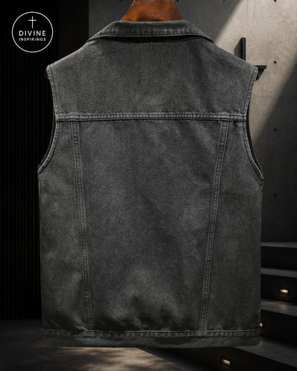 A dark gray washed denim vest displayed on a wooden hanger against a dark gray concrete wall background. The back of the vest is shown, featuring classic stitching and a collar.