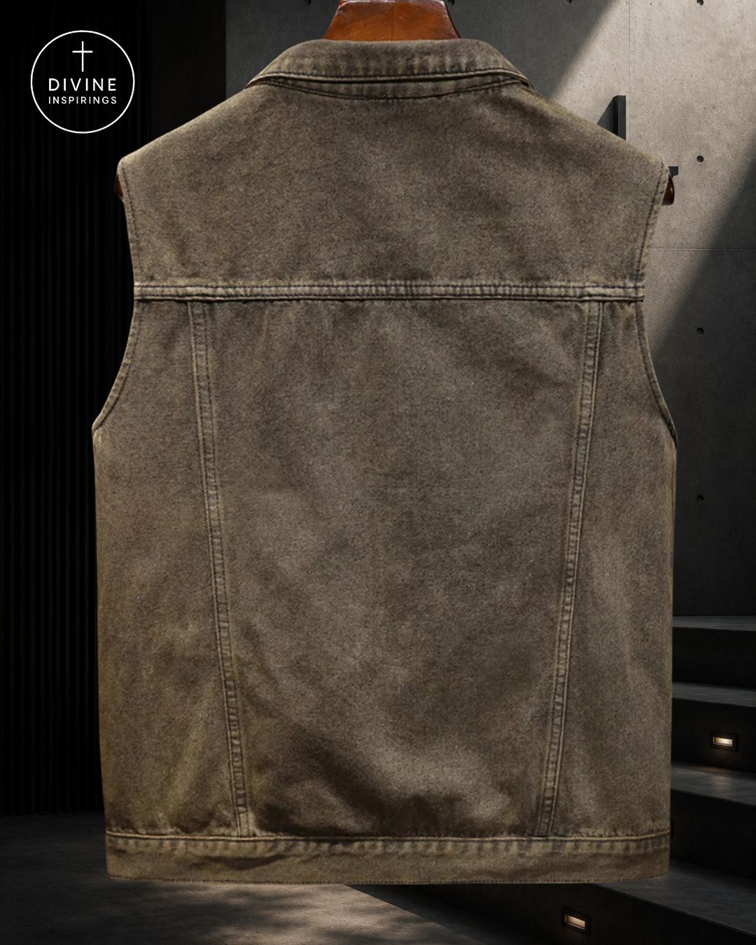 A sleeveless distressed denim vest shown from the back, hanging on a wooden hanger against a dark textured wall. A circular 'DIVINE INSPIRINGS' logo is visible in the top-left corner.
