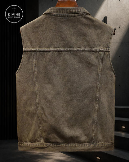 A sleeveless distressed denim vest shown from the back, hanging on a wooden hanger against a dark textured wall. A circular 'DIVINE INSPIRINGS' logo is visible in the top-left corner.