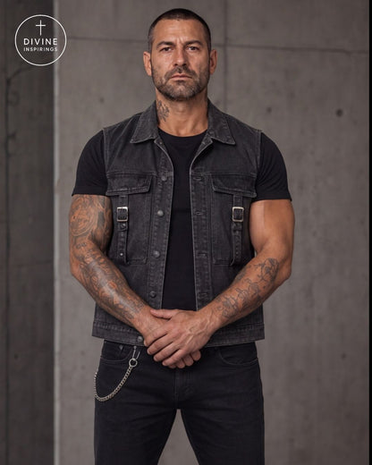 A muscular man with tattoos wearing a black denim vest over a black t-shirt and black jeans, standing against a gray concrete wall. The DIVINE INSPIRINGS logo is visible in the top left corner.