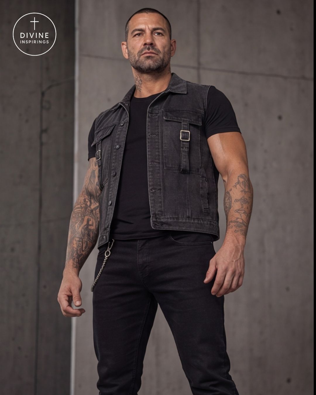 A muscular man with tattoos models a black denim vest over a black t-shirt and black jeans, standing against a gray concrete wall. The DIVINE INSPIRINGS logo is visible in the top left corner.