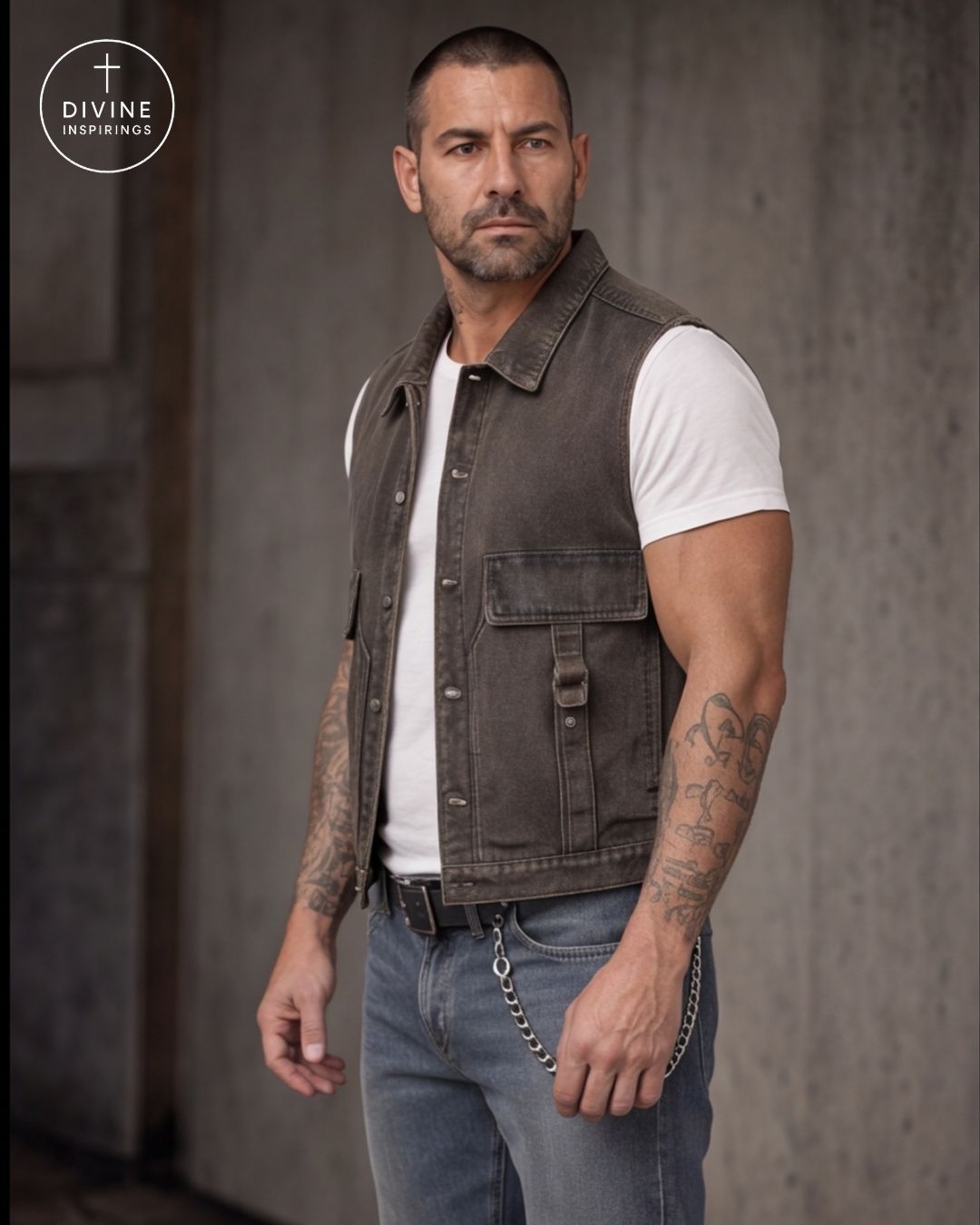 A man wearing a dark brown denim vest over a white t-shirt and blue jeans, standing against a textured gray concrete wall. The Divine Inspirations logo is visible in the top left corner.