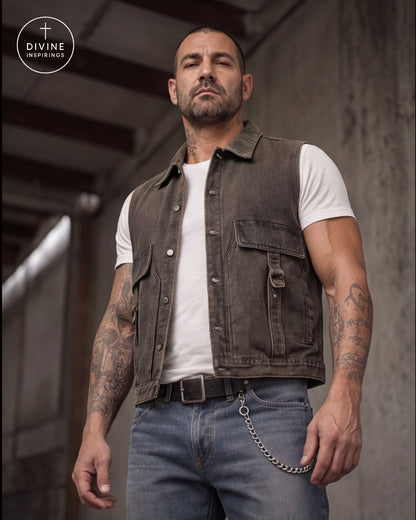 A man wearing a dark brown distressed denim vest over a white t-shirt and blue jeans, standing in an industrial setting. The DIVINE INSPIRINGS logo is visible in the top left corner.
