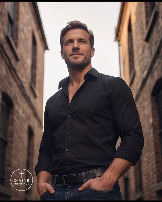 A man wearing a black long-sleeve button-down shirt and dark jeans, standing in a narrow urban alleyway between brick buildings. A circular 'DIVINE INSPIRINGS' logo watermark is visible in the bottom-left corner.