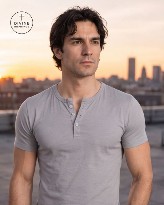 A man wearing a light gray short-sleeve henley shirt, standing outdoors with a blurred city skyline and sunset in the background. A circular 'Divine Inspirations' logo is visible in the top-left corner.