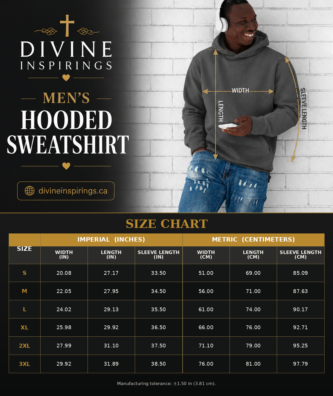 A size chart graphic for a men's hooded sweatshirt by Divine Inspirings, showing a model wearing a gray hoodie with arrows indicating width, length, and sleeve length, plus a detailed size table below on a black background.
