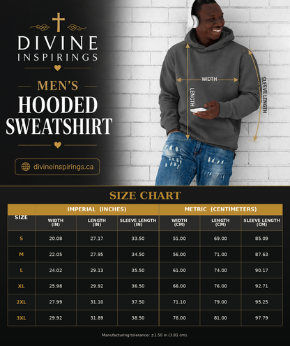 A size chart graphic for a men's hooded sweatshirt by Divine Inspirings, showing a model wearing a gray hoodie with arrows indicating width, length, and sleeve length, plus a detailed size table below on a black background.