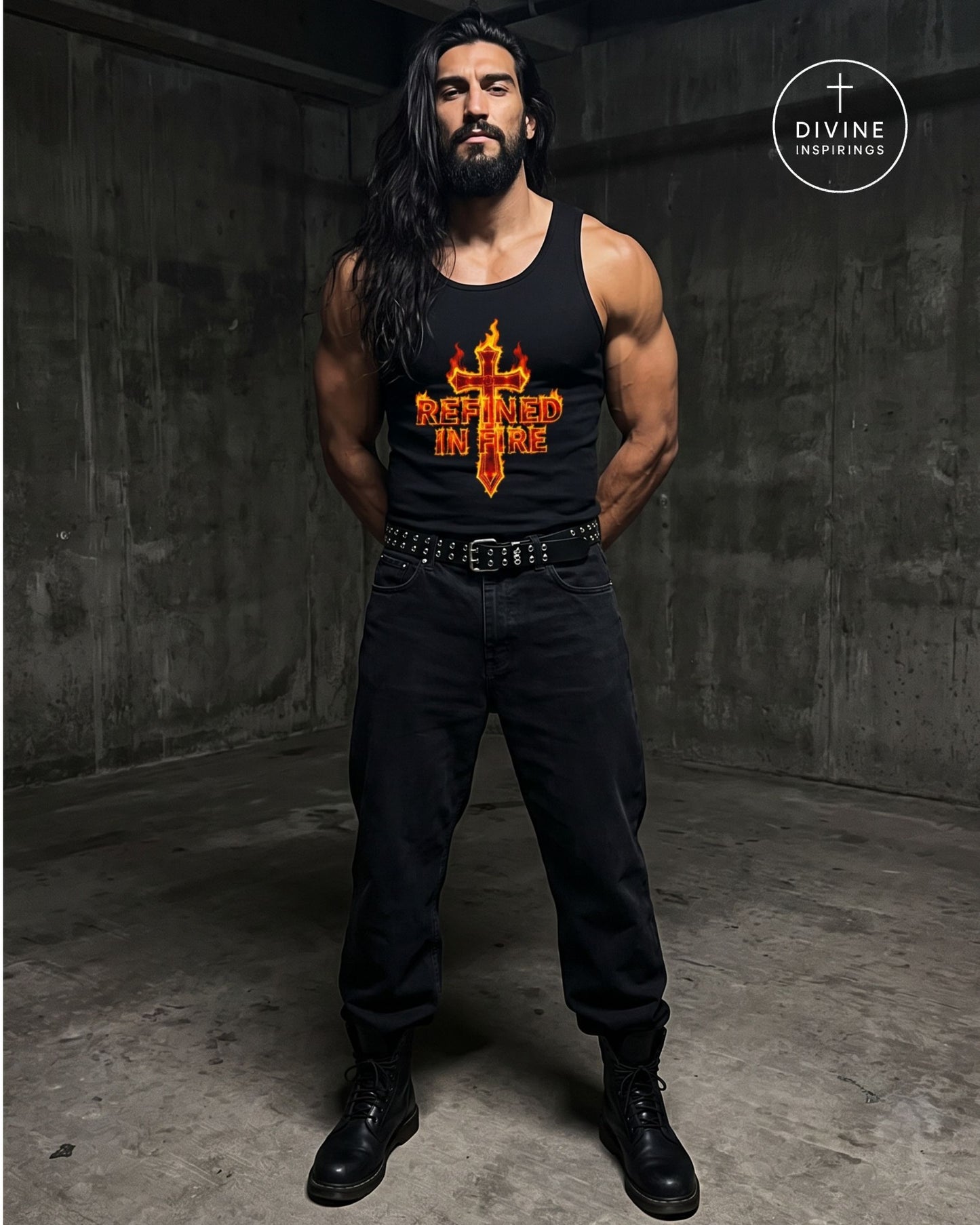 A muscular man with long dark hair and a beard stands in a dim concrete room wearing a black tank top with a red and orange cross graphic and the words 'REFINED IN FIRE'.