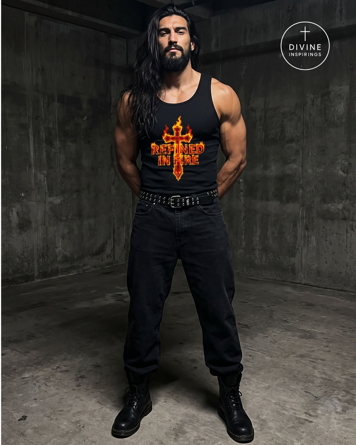 A muscular man with long dark hair and a beard stands in a dim concrete room wearing a black tank top with a red and orange cross graphic and the words 'REFINED IN FIRE'.