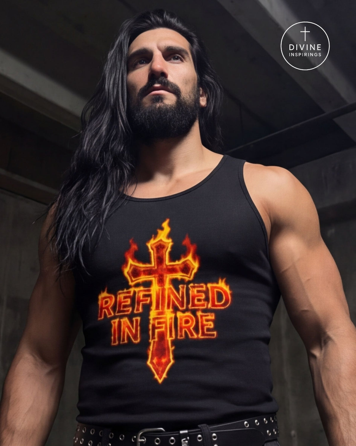 A muscular man with long dark hair and a beard wearing a black tank top with a fiery red and orange cross graphic and the text 'REFINED IN FIRE'. The background is a dark, industrial loft space.