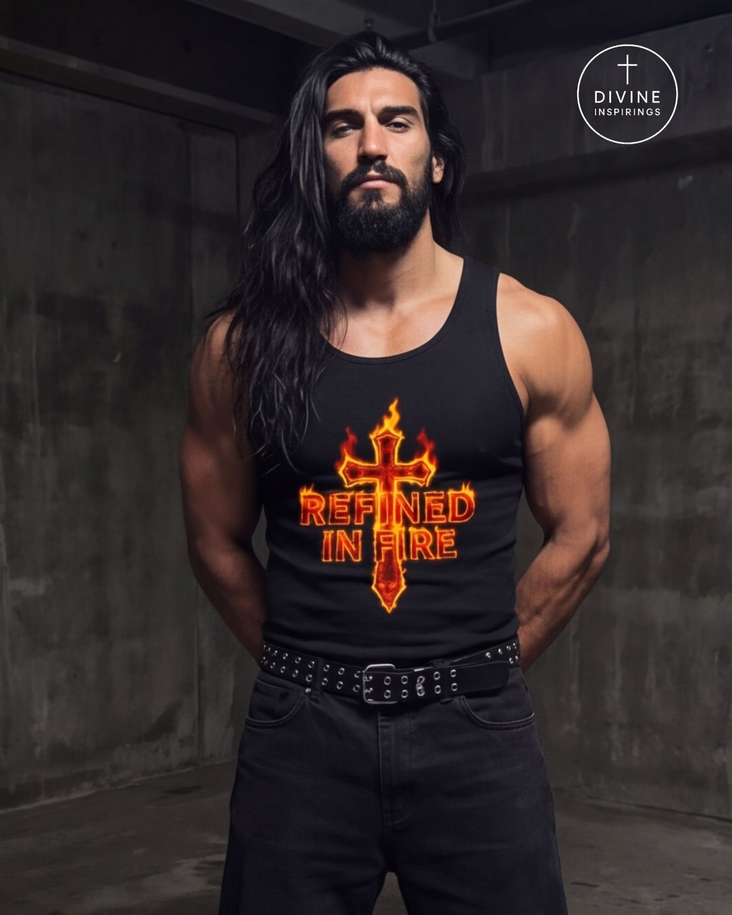 A muscular man with long dark hair and a beard stands in a dim concrete room wearing a black tank top with a fiery orange and yellow cross graphic and the words 'REFINED IN FIRE'. A circular 'DIVINE INSPIRINGS' logo is visible in the top right corner.