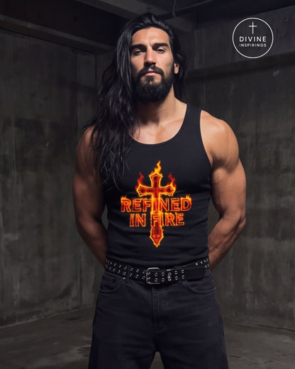 A muscular man with long dark hair and a beard stands in a dim concrete room wearing a black tank top with a fiery orange and yellow cross graphic and the words 'REFINED IN FIRE'. A circular 'DIVINE INSPIRINGS' logo is visible in the top right corner.