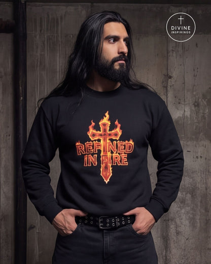 A man with long black hair and a beard wearing a black crewneck sweatshirt with a red and orange graphic of a flaming cross and the words 'REFINED IN FIRE'. The background is a dark, textured concrete wall.
