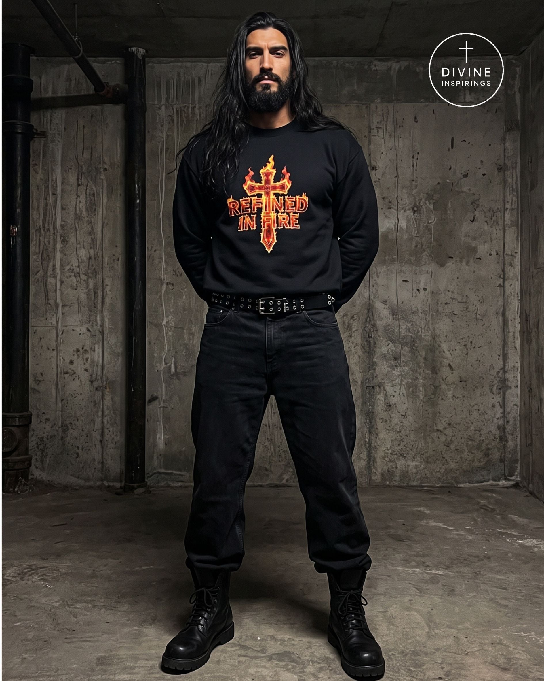 A man with long dark hair and a beard stands in a gritty concrete room wearing a black crewneck sweatshirt with a red and orange flame cross graphic and the words 'REFINED IN FIRE'. He is also wearing black jeans and black combat boots.