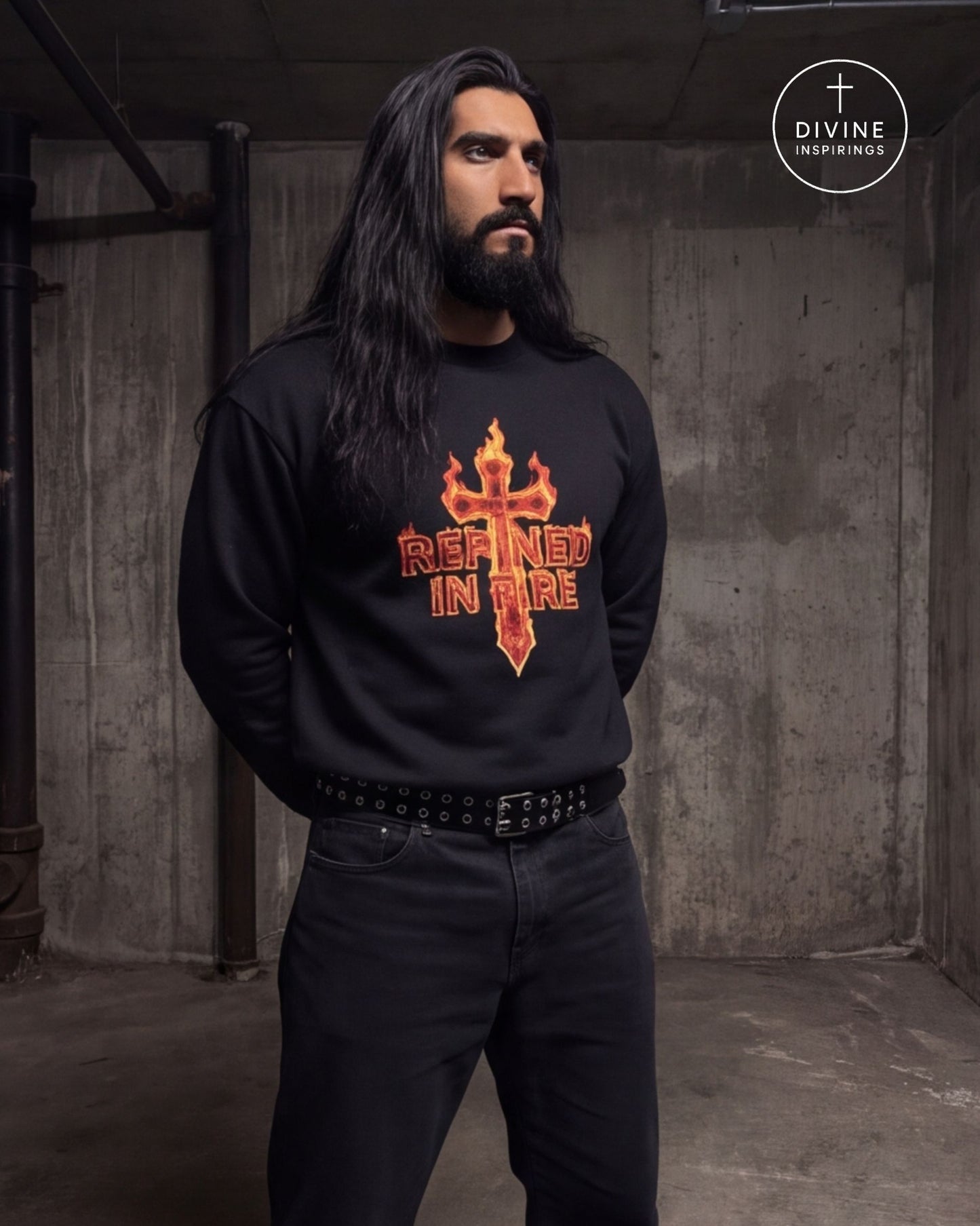 A man with long dark hair and a beard stands in a concrete warehouse wearing a black crewneck sweatshirt with a red and orange flame cross graphic and the words 'REFINED IN FIRE'. A Divine Inspirings logo is visible in the top right corner.