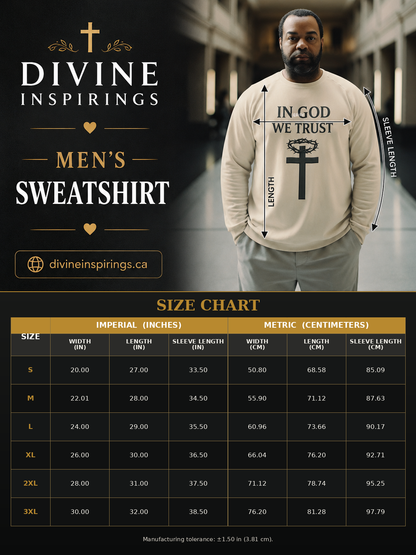 A size chart graphic for Divine Inspirings Men's Sweatshirt, featuring a model wearing a cream sweatshirt with a black cross graphic and the text 'IN GOD WE TRUST' on the chest, alongside a detailed sizing table in Imperial and Metric columns.