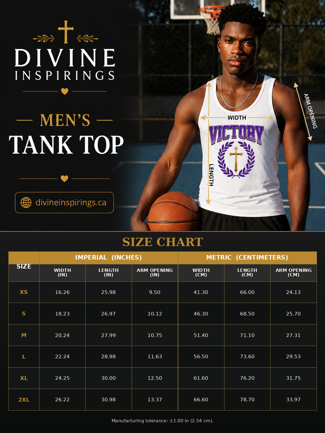A size chart graphic for the Divine Inspirings Men's Tank Top, featuring a model wearing the tank top on an outdoor basketball court with measurement arrows, and a detailed size table below with imperial and metric measurements.