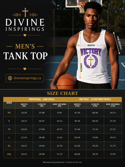 A size chart graphic for the Divine Inspirings Men's Tank Top, featuring a model wearing the tank top on an outdoor basketball court with measurement arrows, and a detailed size table below with imperial and metric measurements.