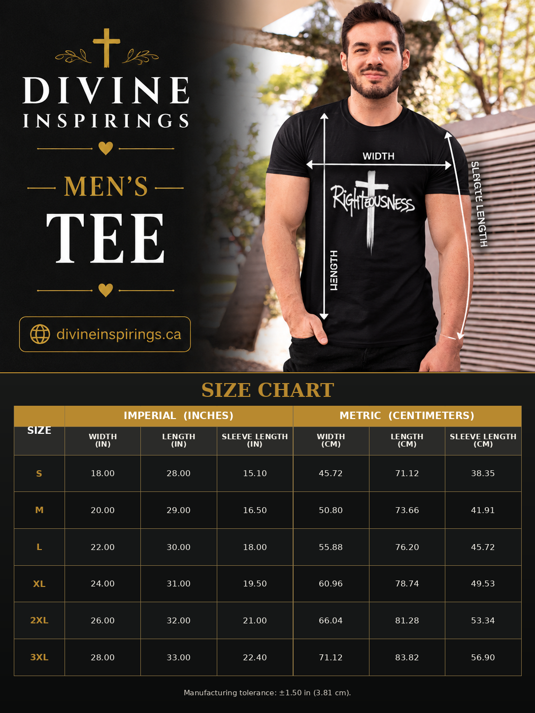 A size chart graphic for a men's t-shirt by Divine Inspirings, featuring a male model wearing a black graphic tee with white text and a cross, alongside a detailed sizing table in Imperial and Metric sizes.
