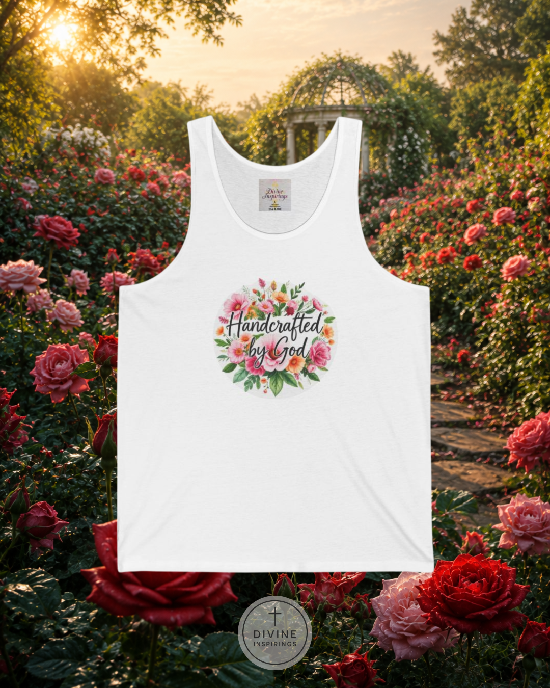 White tank top with floral design and text in a garden setting