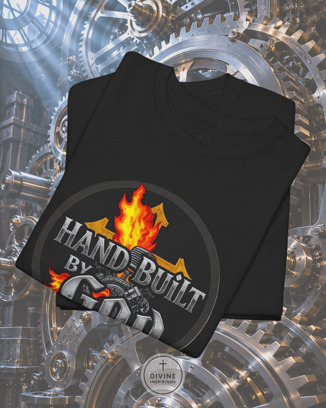 Black sleeveless shirt with 'Hand Built by' design on a mechanical gear background