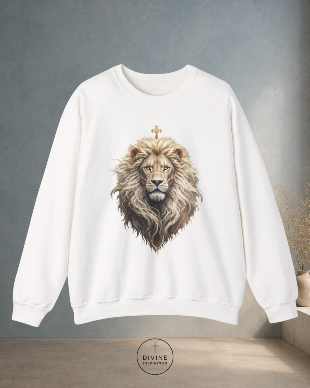 White sweatshirt with a lion design on a gray background