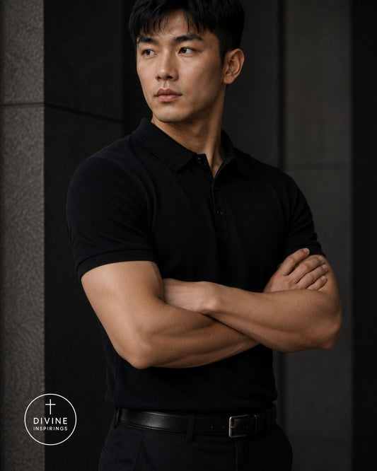 A man wearing a black short-sleeve polo shirt and black pants, standing with arms crossed in front of a dark gray stone wall. A circular 'DIVINE INSPIRINGS' logo is visible in the bottom-left corner.