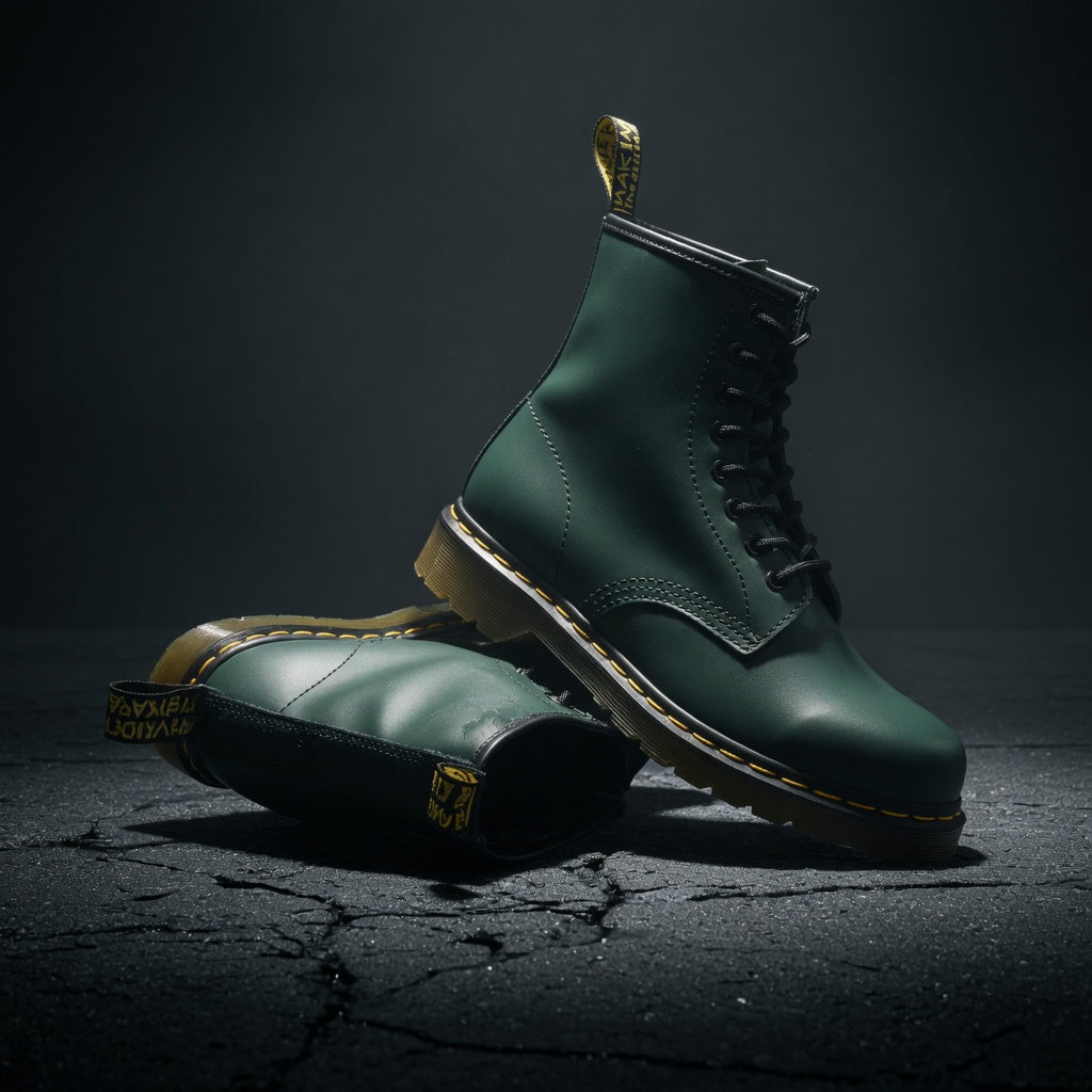Green leather boots with a gold buckle on a dark background