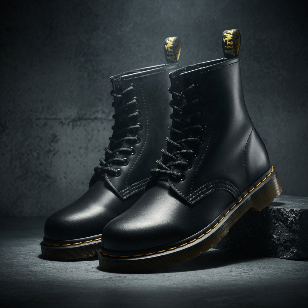 Pair of black leather boots with yellow accents on a dark background