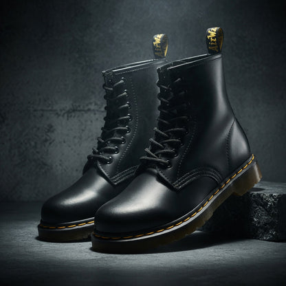 Pair of black leather boots with yellow accents on a dark background
