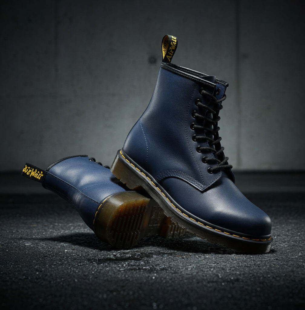 Blue leather boots with gold accents on a dark surface