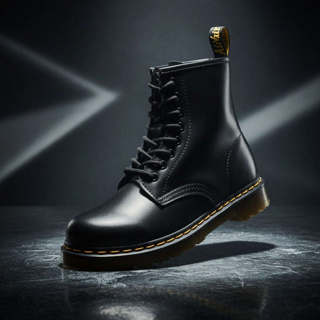 Black leather boot with yellow stitching on a dark background