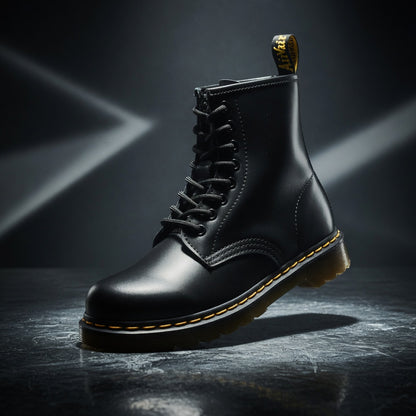 Black leather boot with yellow stitching on a dark background