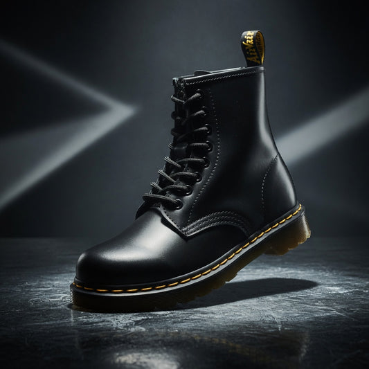 Black leather boot with yellow stitching on a dark background