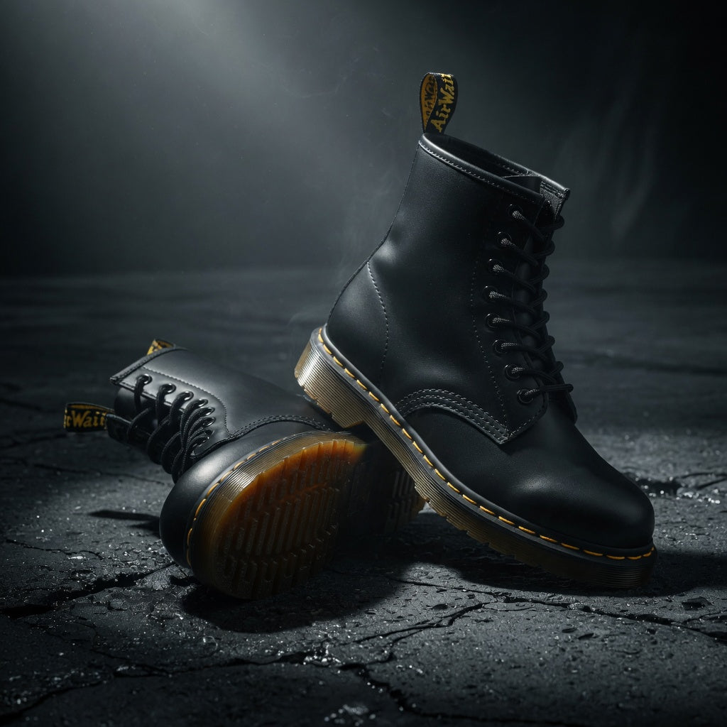 Pair of black leather boots on a dark textured surface